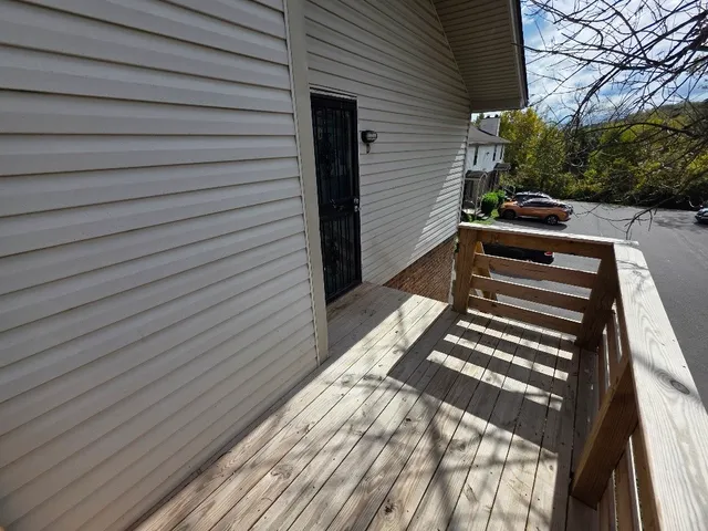 a view of backyard with wooden floor and a potted plant