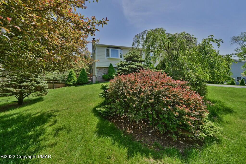 a view of a garden with a building in the background