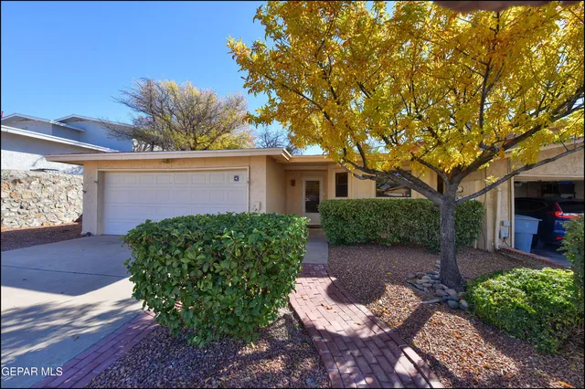 a view of a backyard with garden and patio