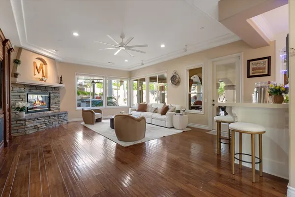 a view of a dining room with furniture window and outside view