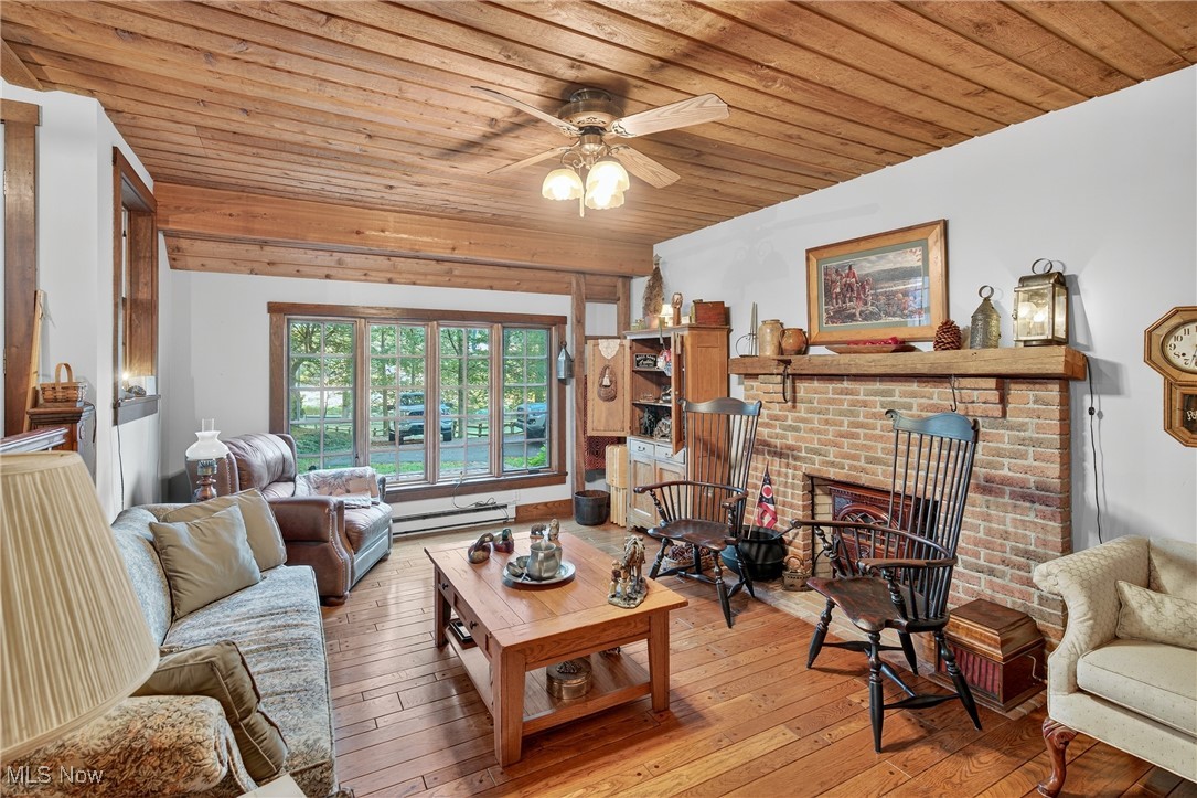 25700 Winona Road Homeworth, OH 44634 - Photo 6 of 49 Den area featuring wood ceiling, light wood finished floors, a fireplace, a ceiling fan, and baseboard heating