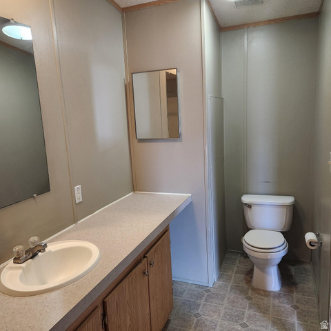 3760 Gold Ridge Drive, Unit 82 Magna, UT 84044 - Photo 21 of 29 Bathroom featuring a vanity with an integrated sink and wood-finish cabinetry, a wall-mounted mirror, a separate wall-mounted medicine cabinet, a toilet, and patterned vinyl flooring