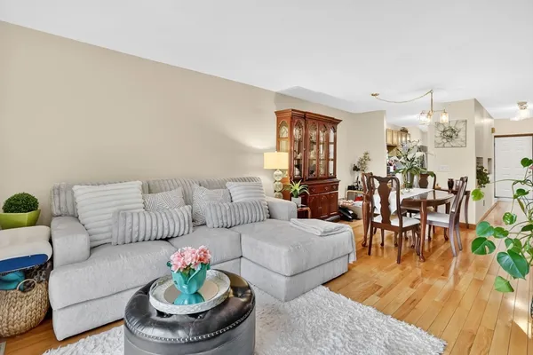 a living room with furniture and a dining table