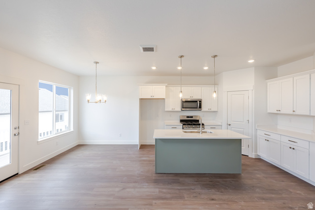 4816 Heartwood Road, Unit 423 Mapleton, UT 84664 - Photo 4 of 21 Two tone kitchen featuring hanging lights, dark wood-style floors, a kitchen island with sink, stainless steel appliances, and two tone cabinets