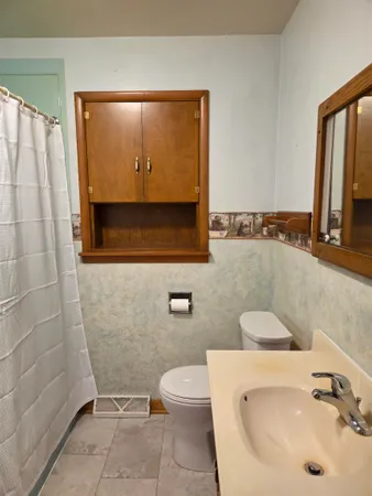 a bathroom with a sink a toilet and mirror