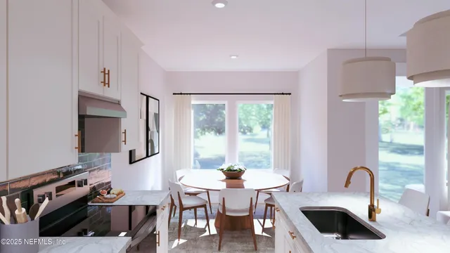 a view of a dining room with furniture window and outside view