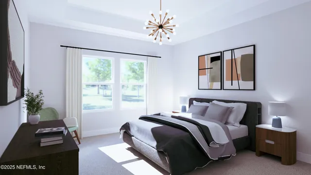 a bedroom with a bed and a chandelier