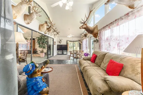 a view of outdoor space with garden and seating area