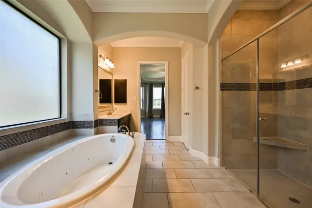 a bathroom with a bathtub and a shower