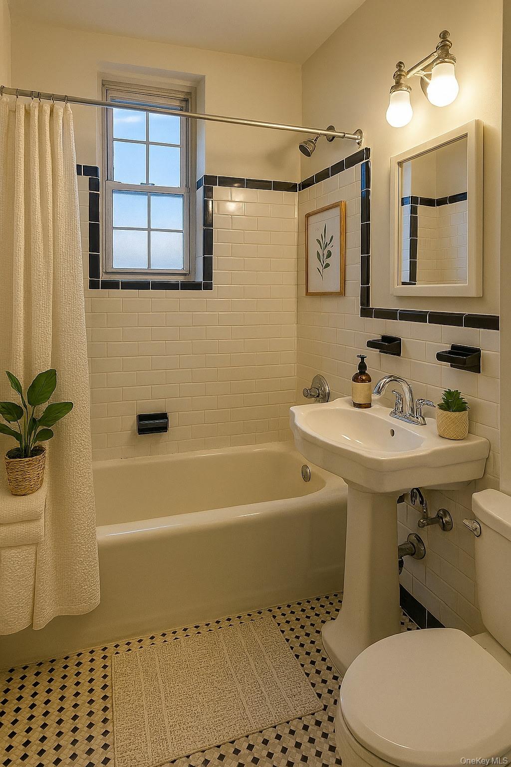 760 Bronx River Road, Unit A65 Bronxville, NY 10708 - Photo 4 of 7 Full bath with shower / bath combination with curtain, tile walls, and tile patterned floor.Virtually staged