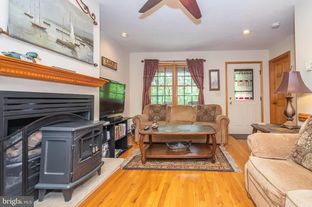a living room with furniture and a fireplace