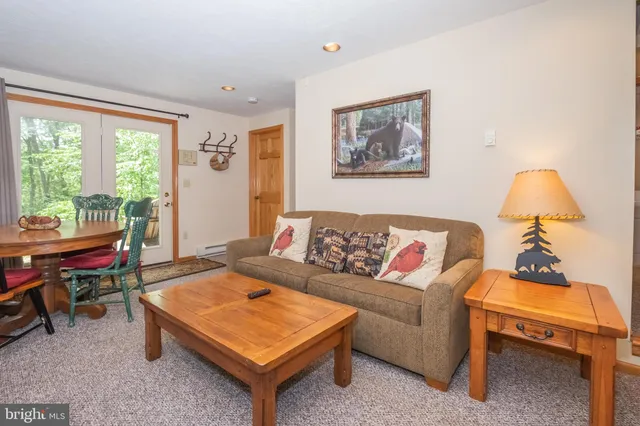 a living room with furniture a rug and a window