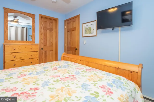 a bedroom with a bed and flat screen tv