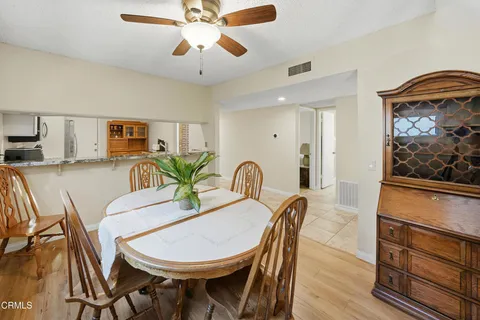 a view of a dining room with furniture
