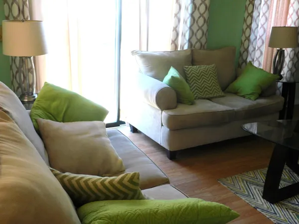 a living room with furniture and a lamp