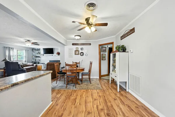 a living room with furniture a ceiling fan and a rug