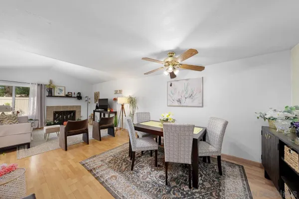 a view of a dining room with furniture