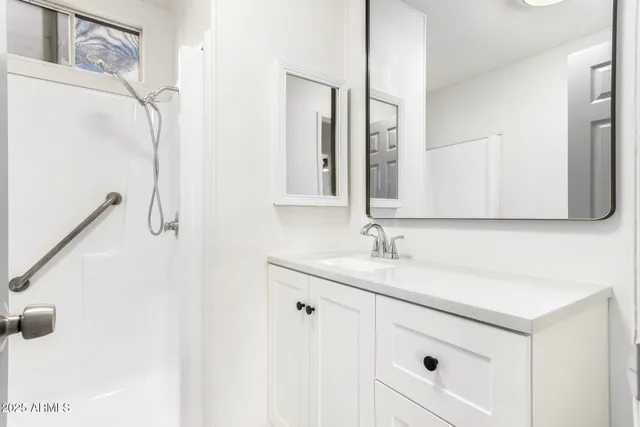 a bathroom with a sink and a mirror
