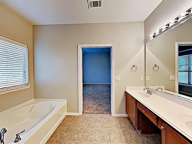 a bathroom with a tub sink and mirror