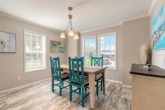 a view of a dining room with furniture window and outside view
