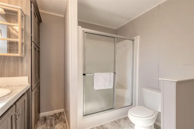 a bathroom with a shower and a toilet