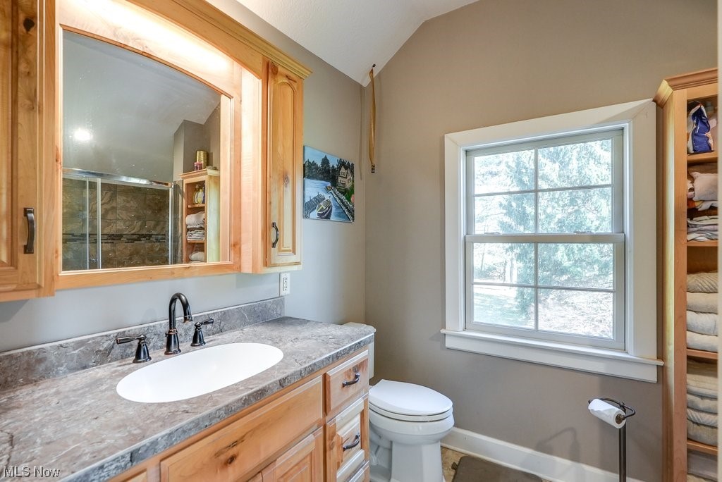 3417 Lake Rockwell Road Ravenna, OH 44266 - Photo 18 of 35 Bathroom featuring vaulted ceiling, vanity with extensive cabinet space, and toilet