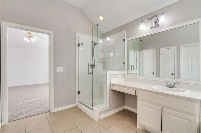 a bathroom with a shower sink and mirror