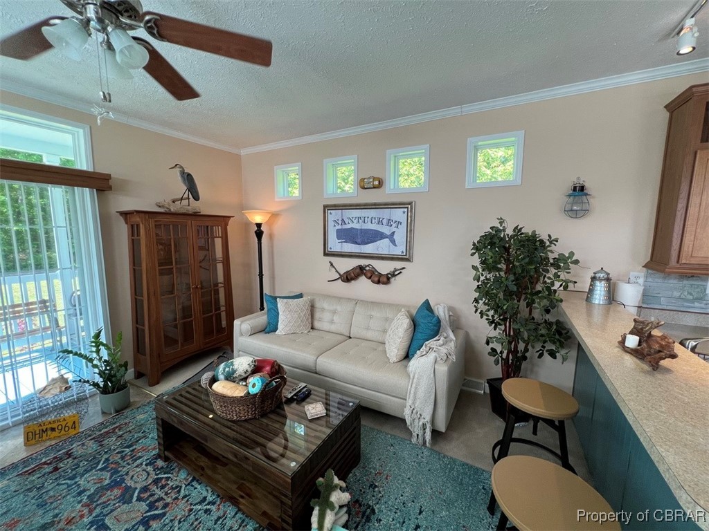497 Mill Wharf Road Wake, VA 23176 - Photo 34 of 45 Manufactured Home Living area with a textured ceiling, ceiling fan, ornamental molding, and a healthy amount of sunlight