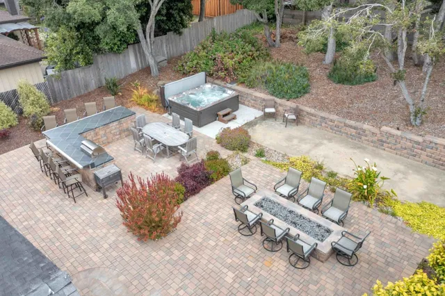 an outdoor space with furniture