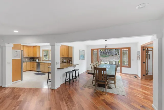 a view of a dining room with furniture window and wooden floor