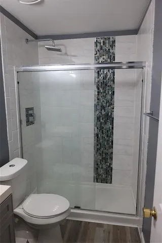 a bathroom with a shower and a toilet