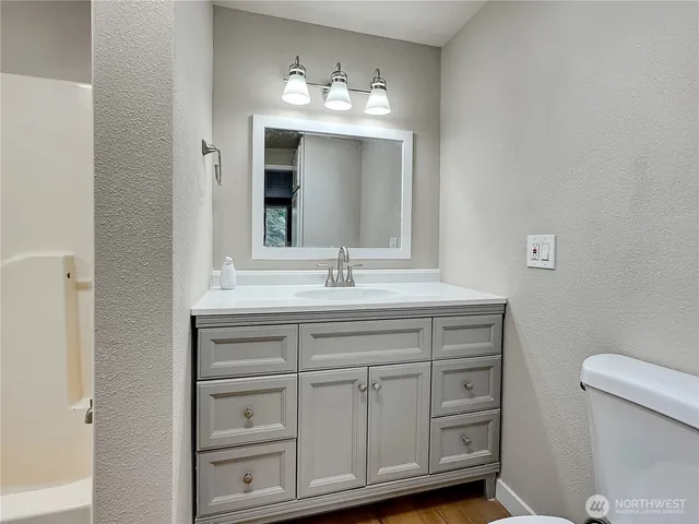 a bathroom with a sink vanity and toilet