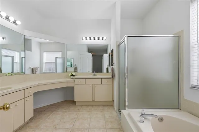 a bathroom with a tub shower sink and mirror