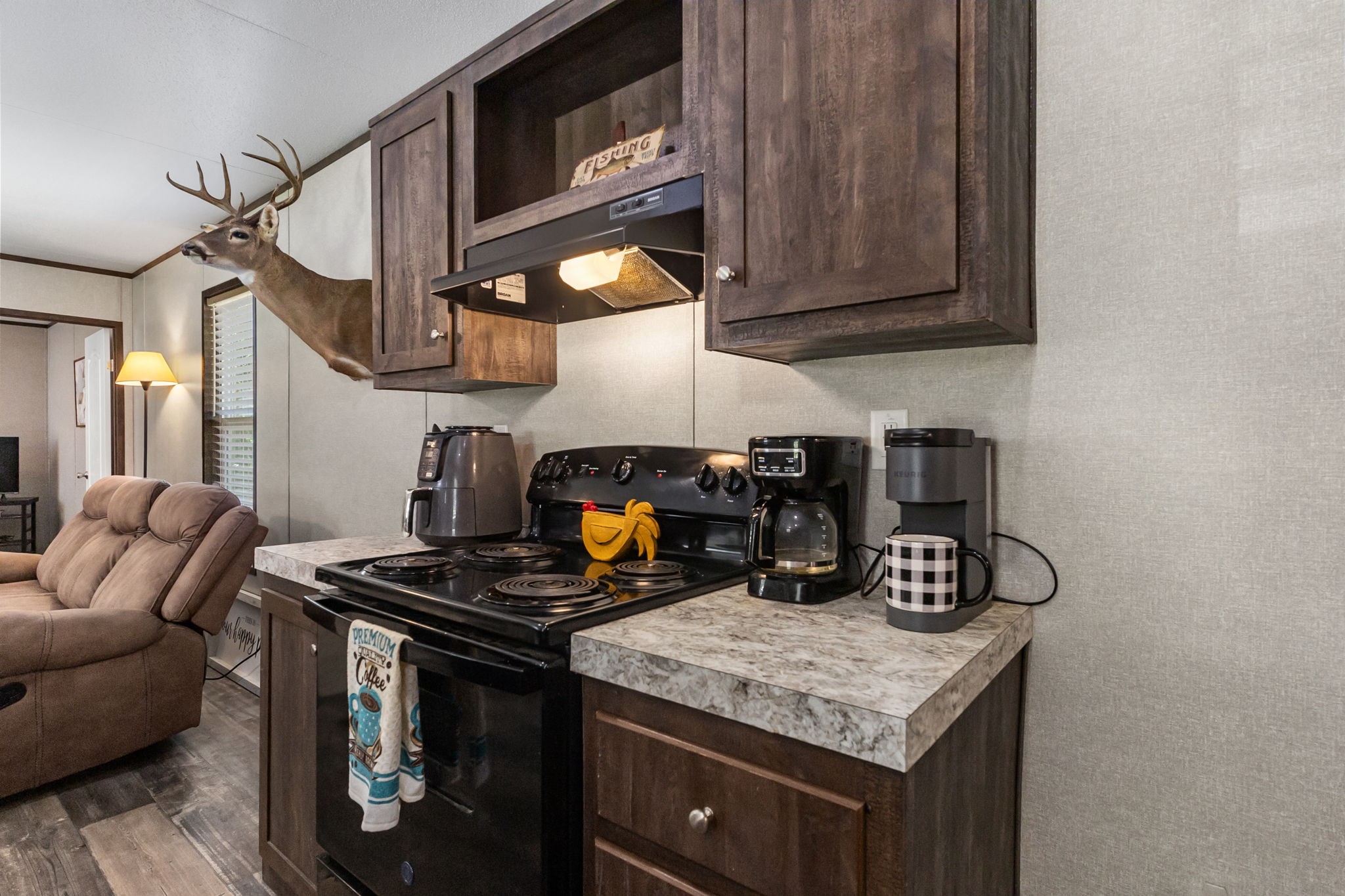275 Bryan Street Zavalla, TX 75980 - Photo 10 of 24 a kitchen with stainless steel appliances granite countertop a stove and a microwave