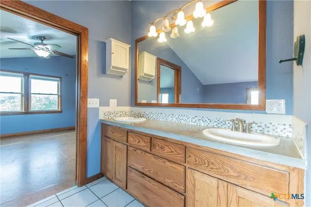 a bathroom with a sink vanity and a mirror