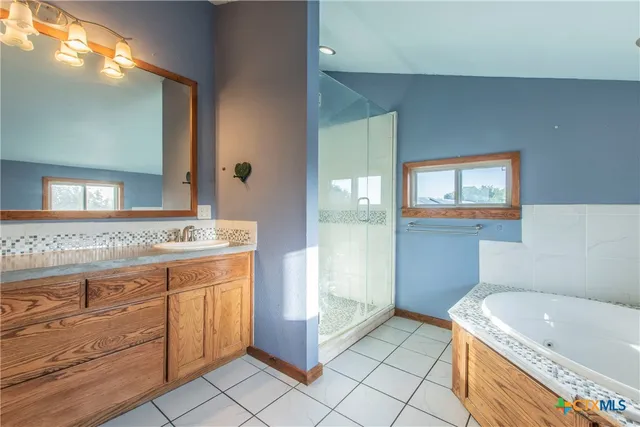 a bathroom with a tub sink and mirror