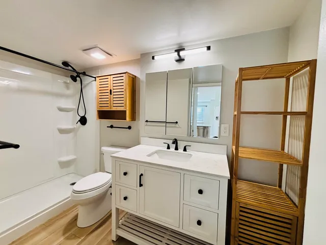 a bathroom with a sink a toilet and shower