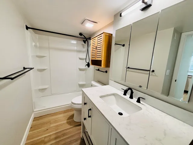 a bathroom with a sink and mirror with toilet