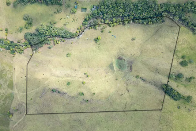 a view of a dry yard with swimming pool and green space