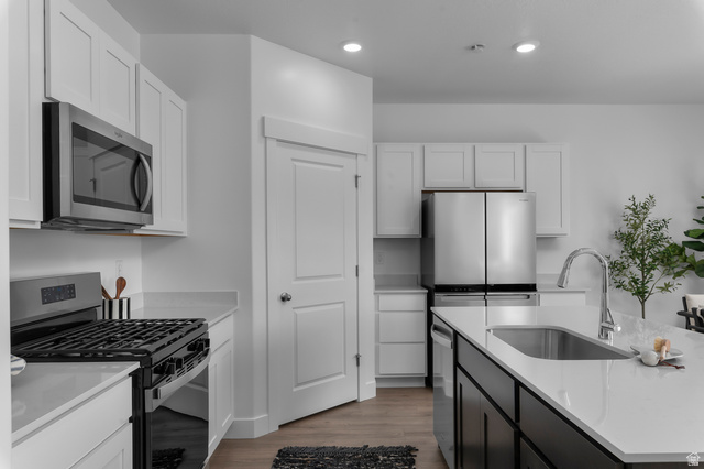 2819 South 710th West, Unit 14 Logan, UT 84321 - Photo 14 of 24 Modern kitchen featuring white shaker cabinetry, stainless steel appliances, light countertops, and a central island with an undermount sink