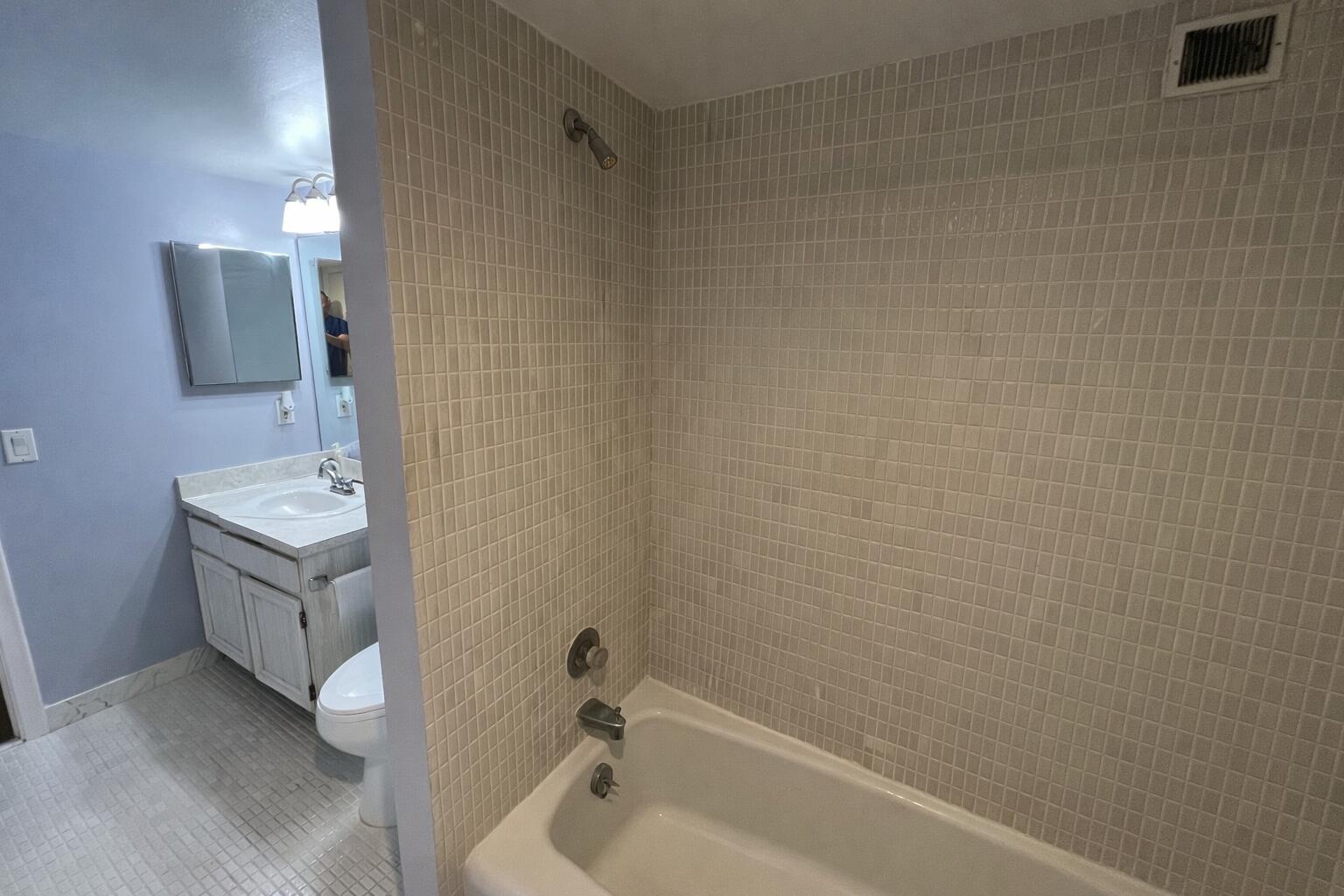 1 Royal Palm Way, Unit 3050 Boca Raton, FL 33432 - Photo 12 of 24 a bathroom with a bathtub a sink a vanity and a shower