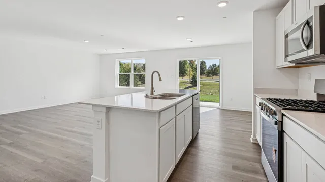 a kitchen with stainless steel appliances granite countertop a stove and a sink