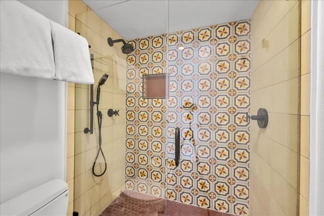 a bathroom with a shower curtain