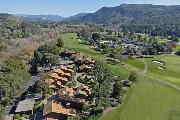 an aerial view of a houses with a lush green hillside