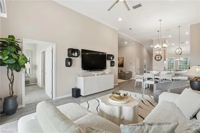 a living room with furniture a flat screen tv and a potted plant