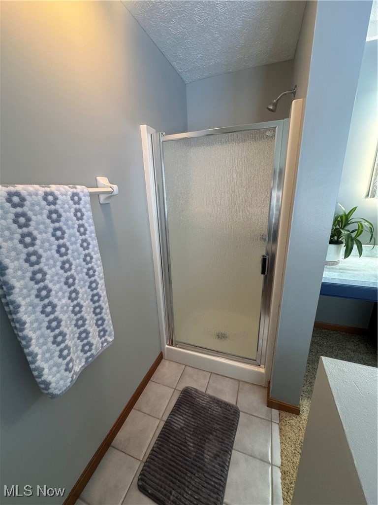 3530 State Road Medina, OH 44256 - Photo 27 of 47 Ensuite bathroom with a shower stall, tile patterned flooring, a textured ceiling, and ensuite bathroom