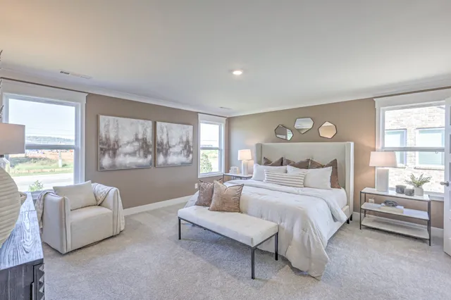 a bedroom with a large bed couch and a large window