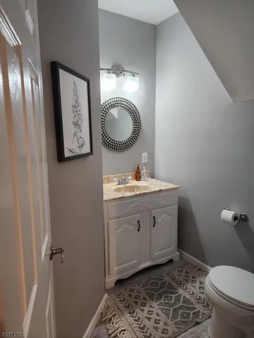 a bathroom with a toilet a sink and vanity