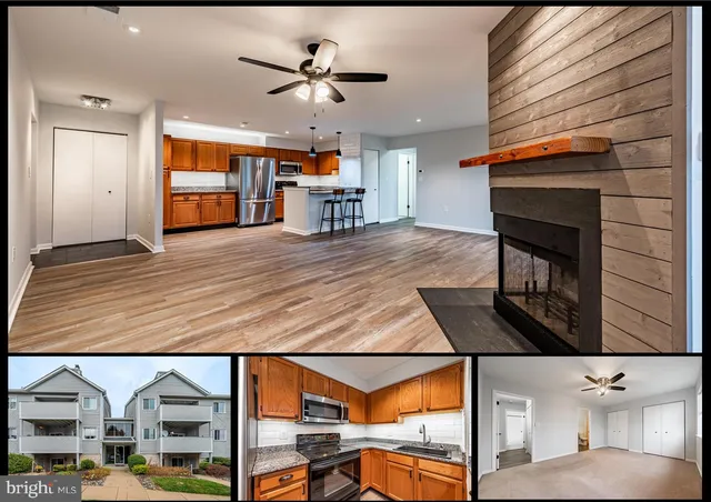 a view of an empty room and kitchen view