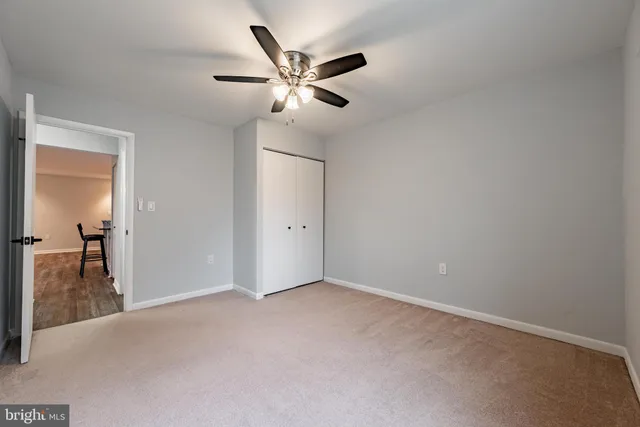 a view of a livingroom with a ceiling fan and closet